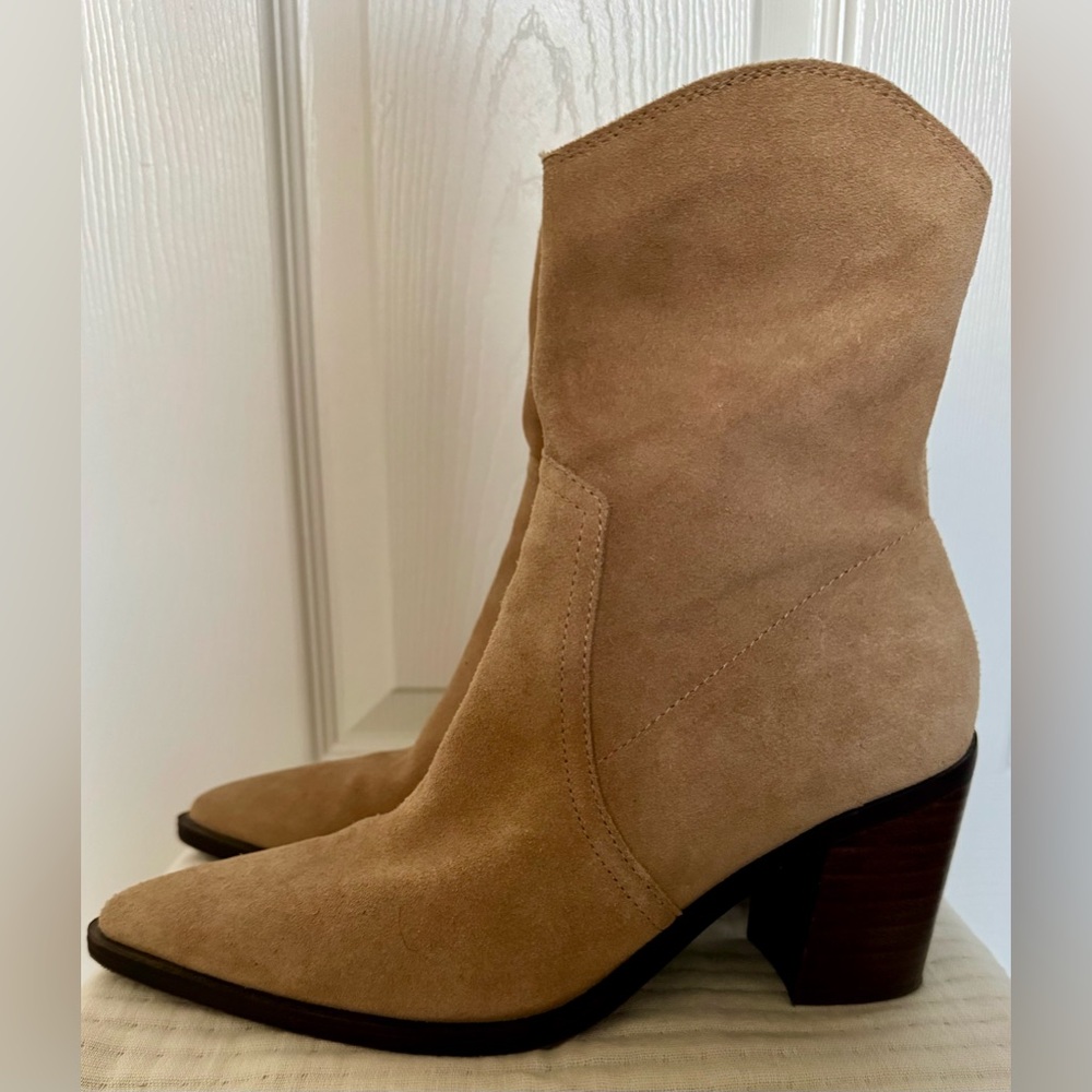 Express Light Tan Heeled Booties with Suede Finish